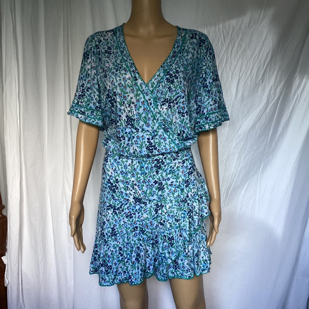 Poupette St Barth Blue Floral Smocked Ruffled Short Sleeve Mini Dress  L